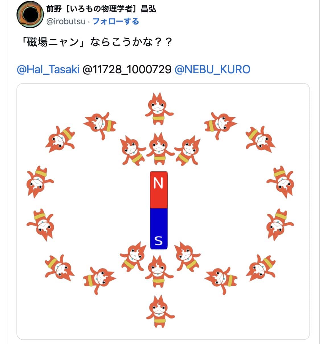 An illustration where multiple Jibanyans are arranged to form magnetic field lines.