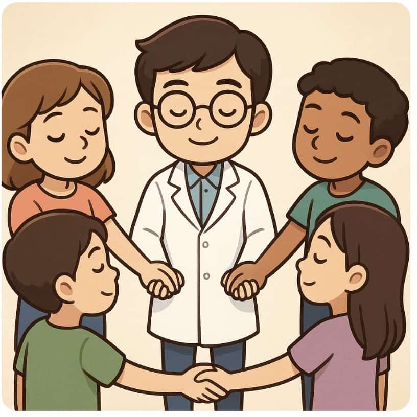 A group of people holding wrists in a circle for an experiment